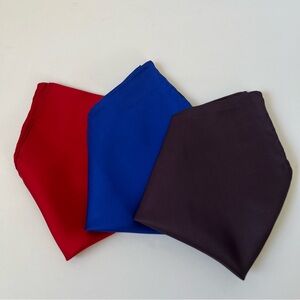 Set Of 3 All Silk Ashear Hand Rolled Blue Red Purple Pocket Squares Handkerchief